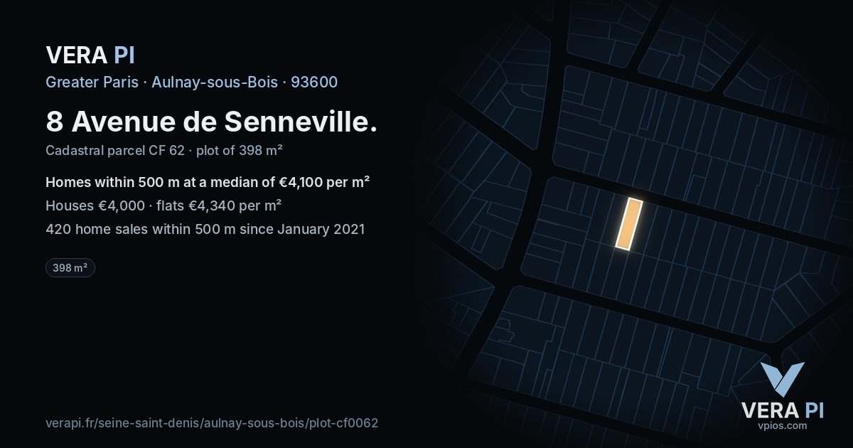 8 Avenue de Senneville, Aulnay-sous-Bois at night – the plot lit, the parcels around coloured by the prices near them
