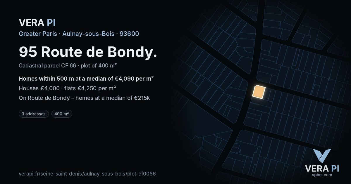95 Route de Bondy, Aulnay-sous-Bois at night – the plot lit, the parcels around coloured by the prices near them