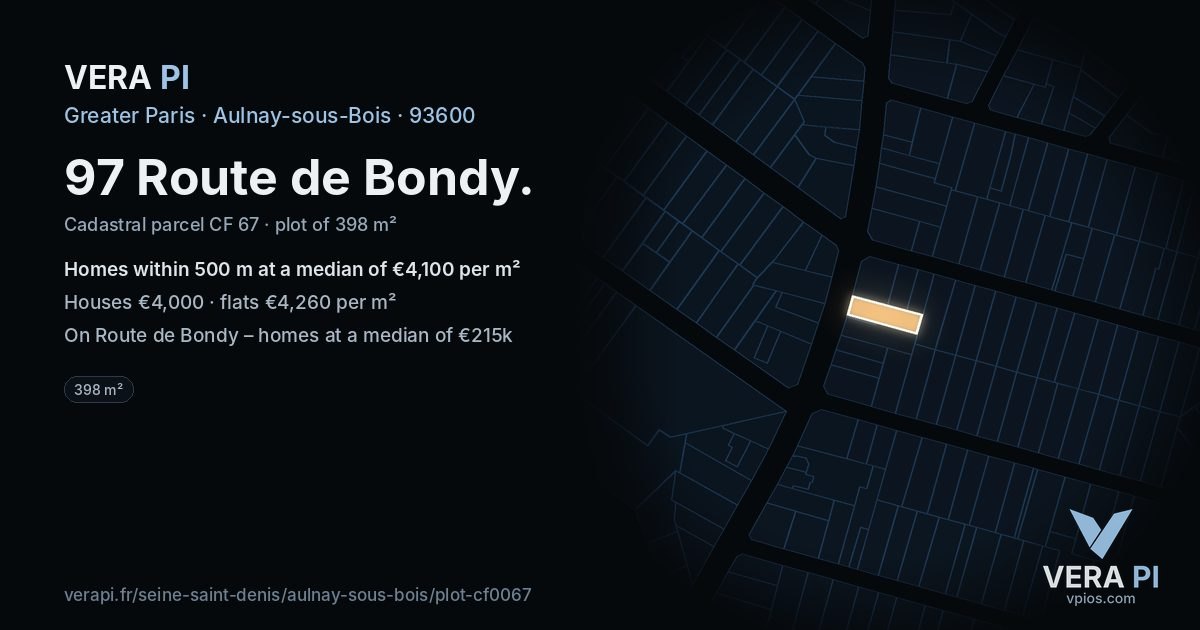 97 Route de Bondy, Aulnay-sous-Bois at night – the plot lit, the parcels around coloured by the prices near them