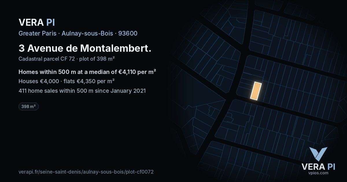 3 Avenue de Montalembert, Aulnay-sous-Bois at night – the plot lit, the parcels around coloured by the prices near them