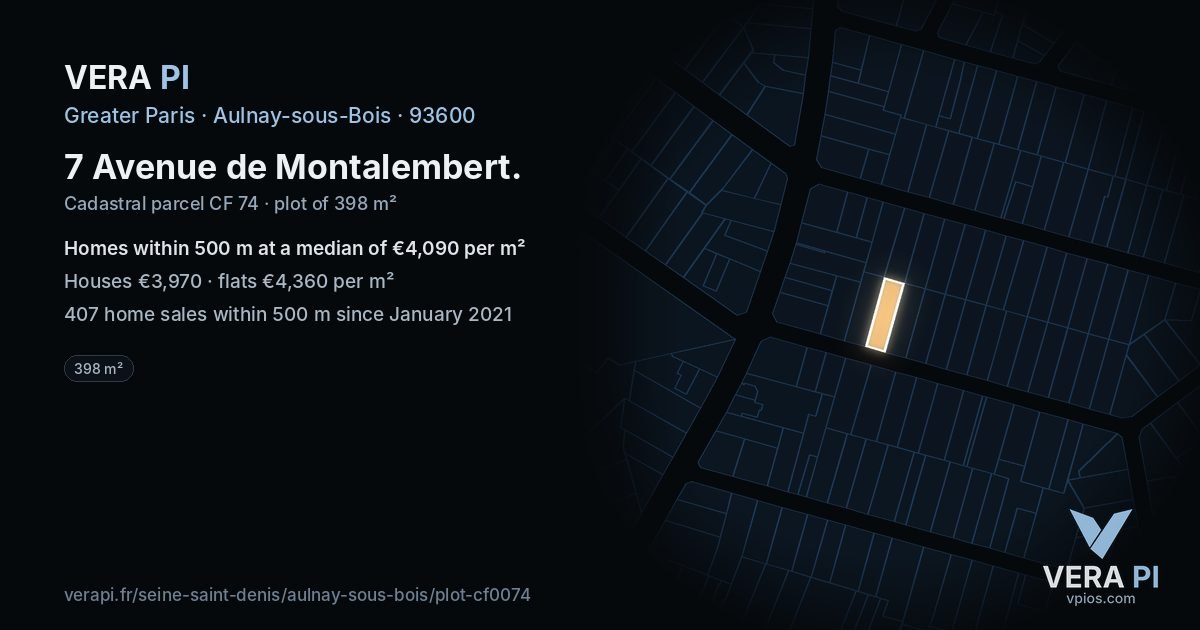 7 Avenue de Montalembert, Aulnay-sous-Bois at night – the plot lit, the parcels around coloured by the prices near them