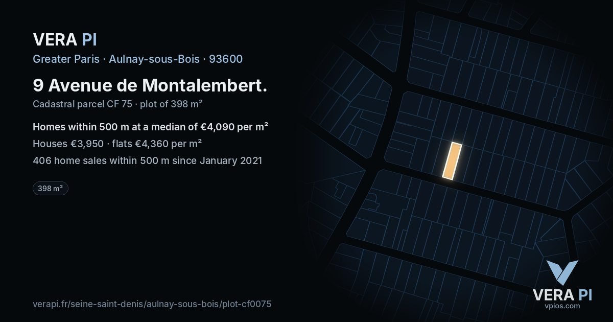 9 Avenue de Montalembert, Aulnay-sous-Bois at night – the plot lit, the parcels around coloured by the prices near them