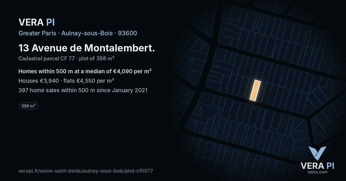 13 Avenue de Montalembert, Aulnay-sous-Bois at night – the plot lit, the parcels around coloured by the prices near them