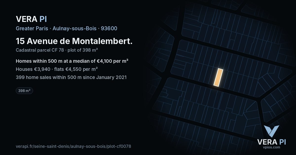15 Avenue de Montalembert, Aulnay-sous-Bois at night – the plot lit, the parcels around coloured by the prices near them