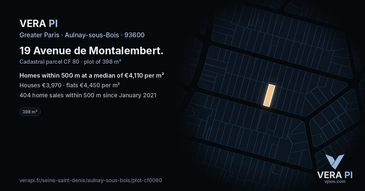 19 Avenue de Montalembert, Aulnay-sous-Bois at night – the plot lit, the parcels around coloured by the prices near them