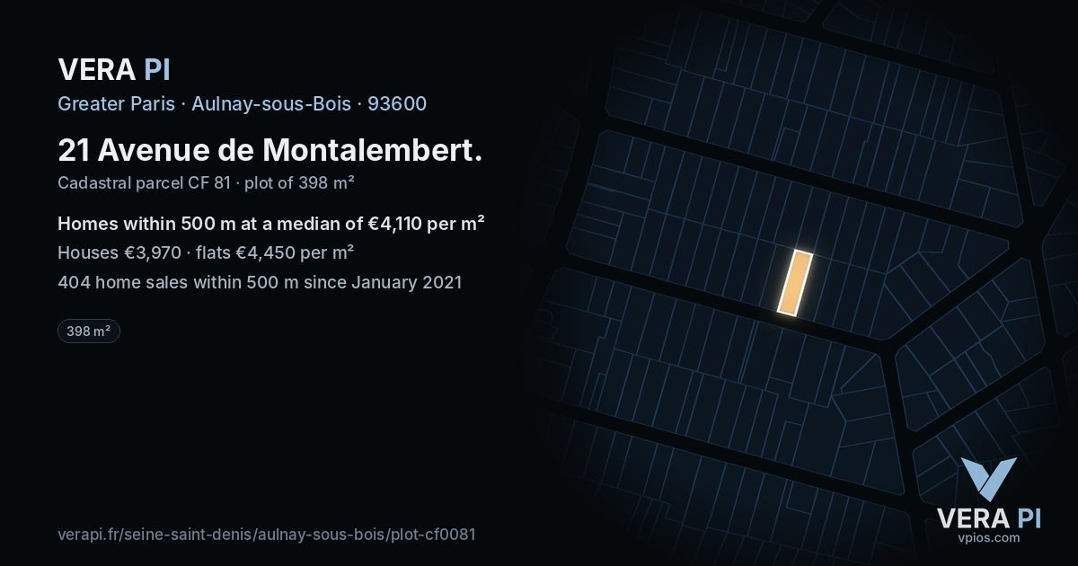 21 Avenue de Montalembert, Aulnay-sous-Bois at night – the plot lit, the parcels around coloured by the prices near them