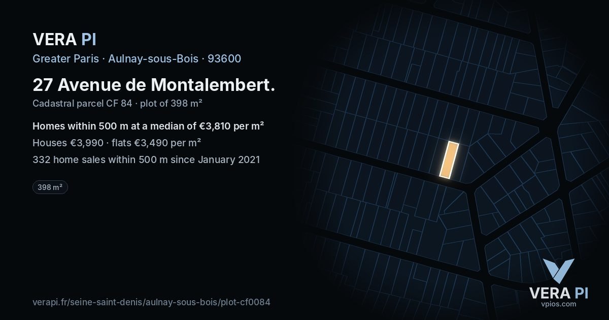 27 Avenue de Montalembert, Aulnay-sous-Bois at night – the plot lit, the parcels around coloured by the prices near them