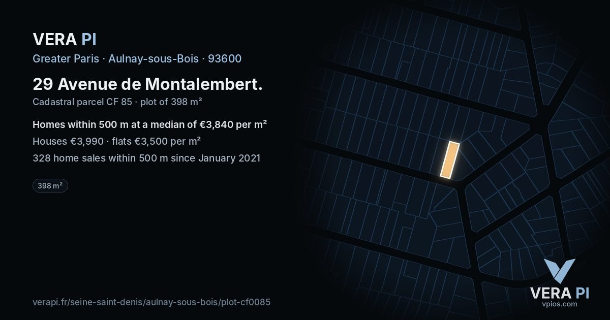 29 Avenue de Montalembert, Aulnay-sous-Bois at night – the plot lit, the parcels around coloured by the prices near them