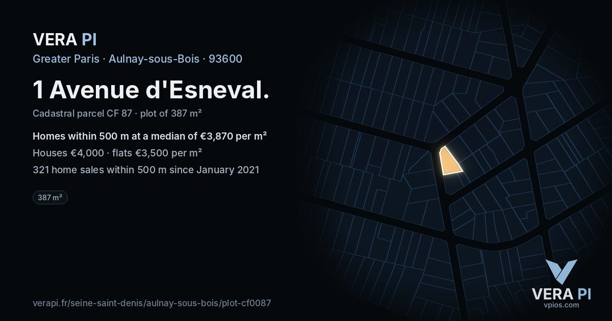 1 Avenue d'Esneval, Aulnay-sous-Bois at night – the plot lit, the parcels around coloured by the prices near them
