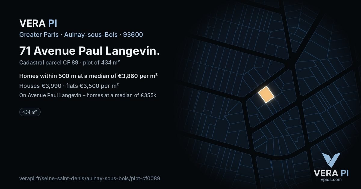 71 Avenue Paul Langevin, Aulnay-sous-Bois at night – the plot lit, the parcels around coloured by the prices near them