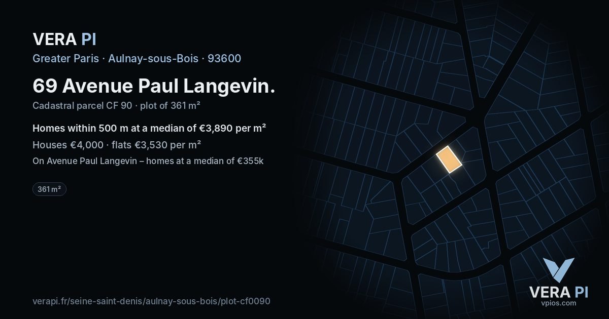 69 Avenue Paul Langevin, Aulnay-sous-Bois at night – the plot lit, the parcels around coloured by the prices near them