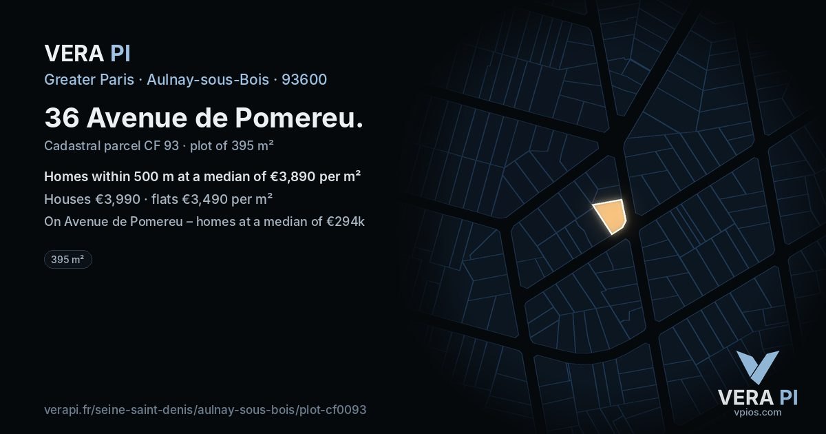 36 Avenue de Pomereu, Aulnay-sous-Bois at night – the plot lit, the parcels around coloured by the prices near them