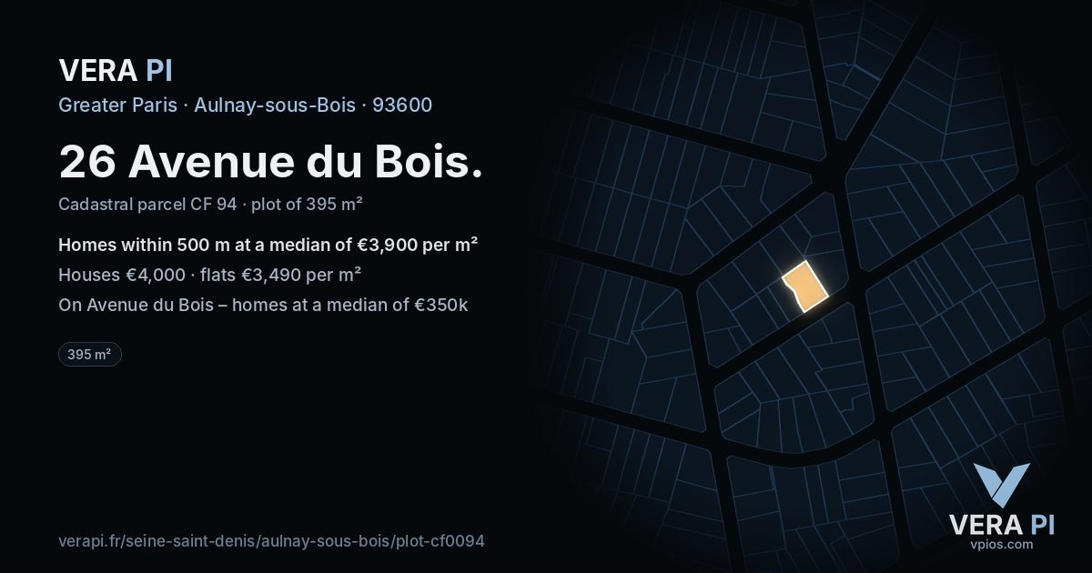 26 Avenue du Bois, Aulnay-sous-Bois at night – the plot lit, the parcels around coloured by the prices near them