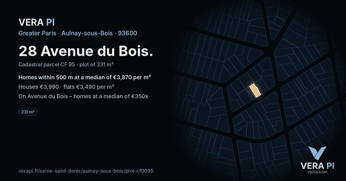 28 Avenue du Bois, Aulnay-sous-Bois at night – the plot lit, the parcels around coloured by the prices near them