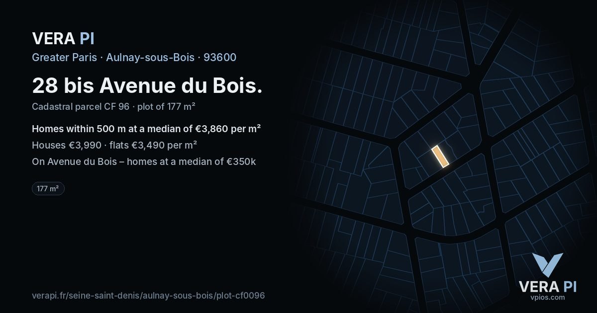 28 bis Avenue du Bois, Aulnay-sous-Bois at night – the plot lit, the parcels around coloured by the prices near them