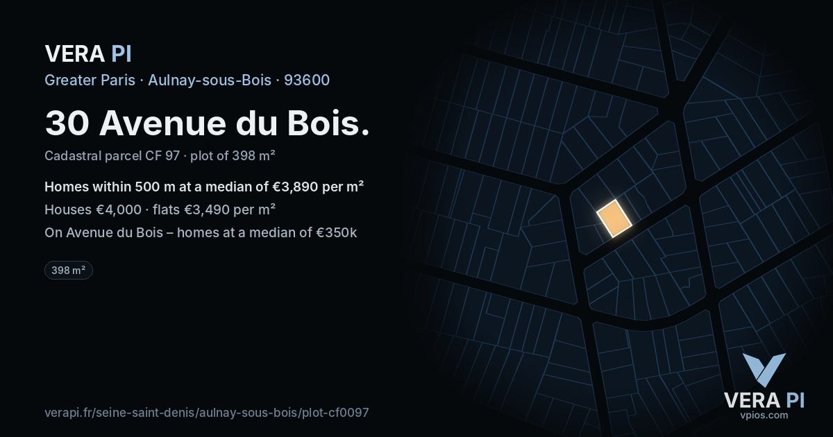 30 Avenue du Bois, Aulnay-sous-Bois at night – the plot lit, the parcels around coloured by the prices near them