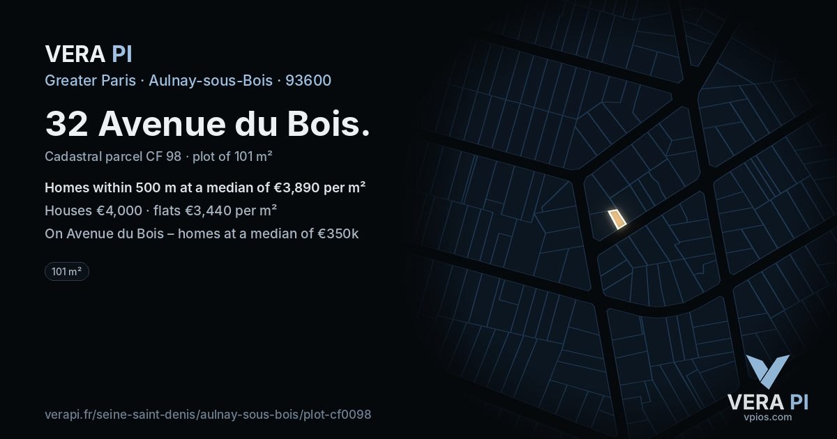32 Avenue du Bois, Aulnay-sous-Bois at night – the plot lit, the parcels around coloured by the prices near them