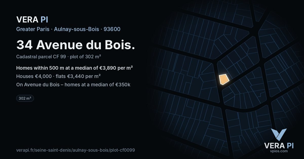 34 Avenue du Bois, Aulnay-sous-Bois at night – the plot lit, the parcels around coloured by the prices near them