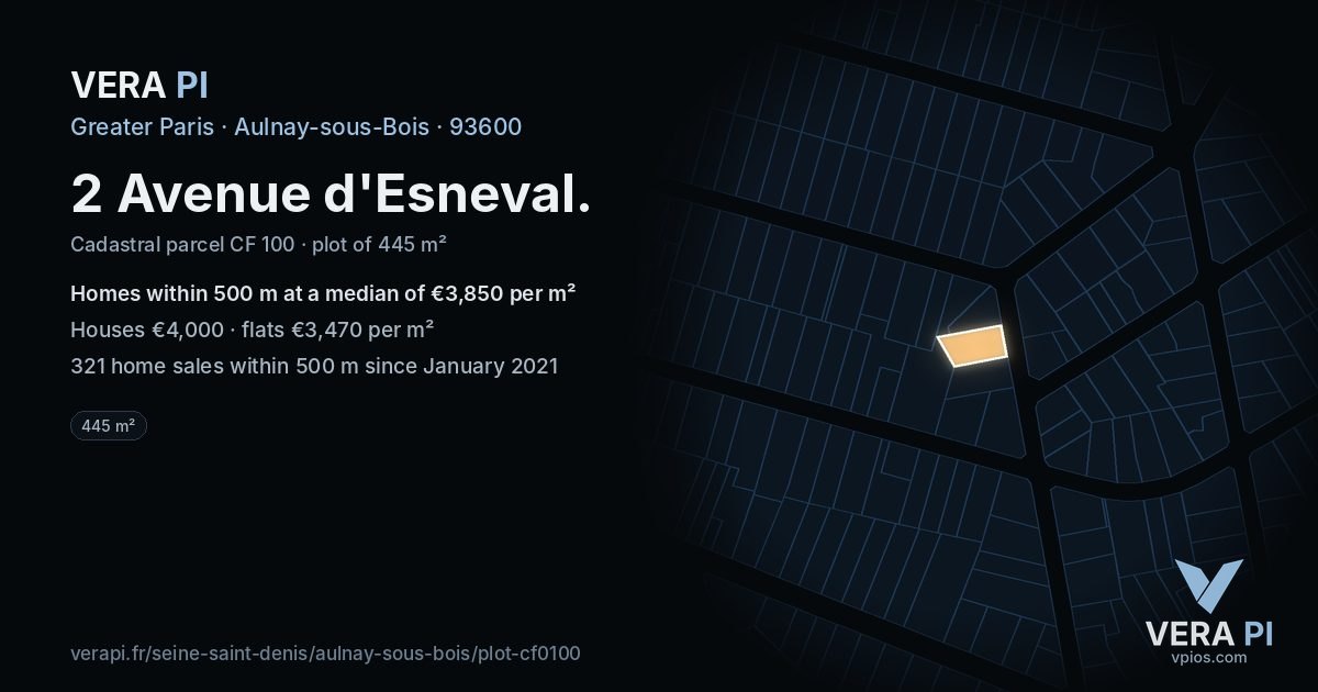 2 Avenue d'Esneval, Aulnay-sous-Bois at night – the plot lit, the parcels around coloured by the prices near them