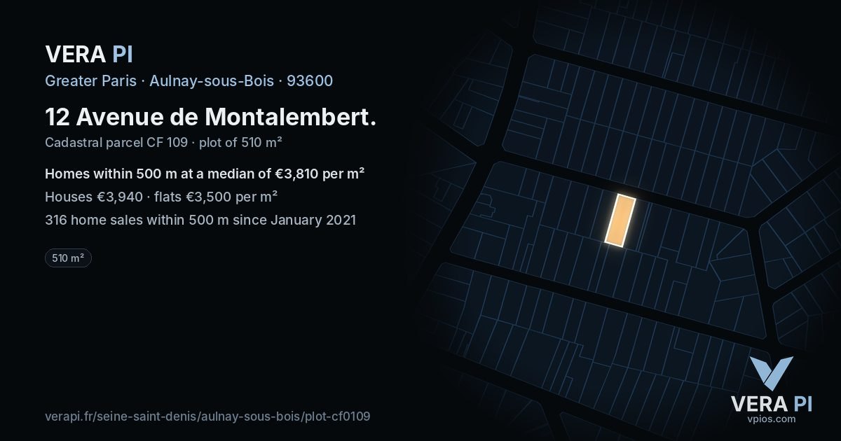 12 Avenue de Montalembert, Aulnay-sous-Bois at night – the plot lit, the parcels around coloured by the prices near them