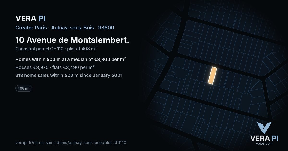 10 Avenue de Montalembert, Aulnay-sous-Bois at night – the plot lit, the parcels around coloured by the prices near them