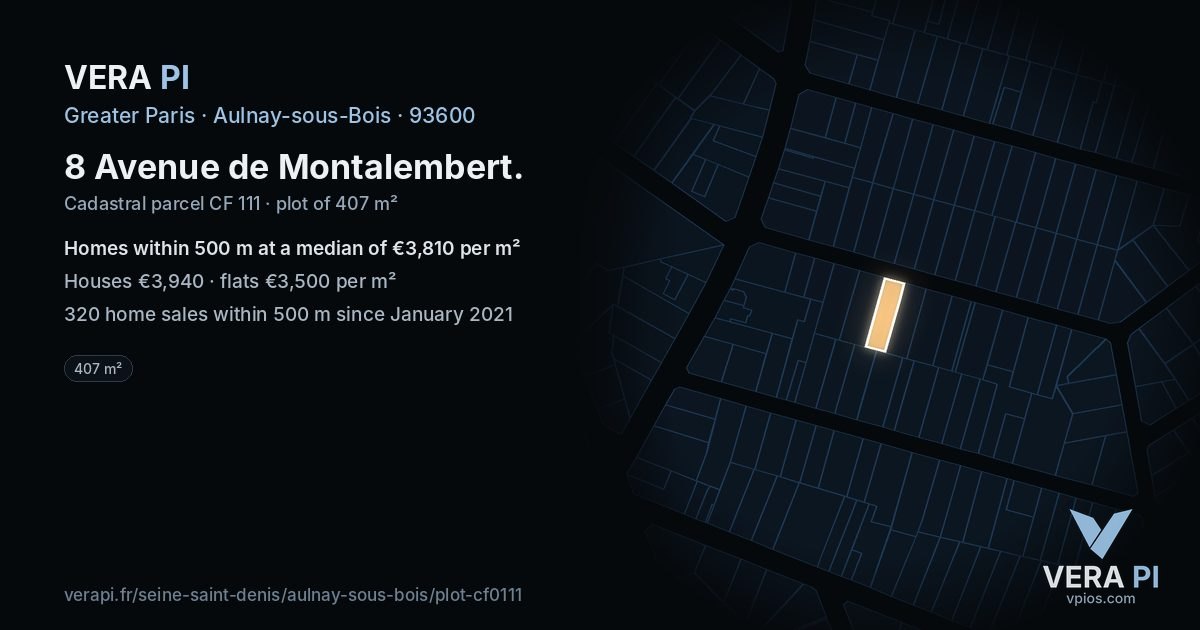 8 Avenue de Montalembert, Aulnay-sous-Bois at night – the plot lit, the parcels around coloured by the prices near them