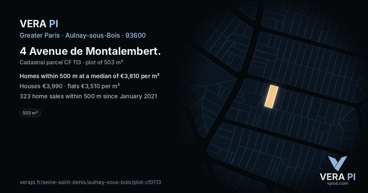 4 Avenue de Montalembert, Aulnay-sous-Bois at night – the plot lit, the parcels around coloured by the prices near them