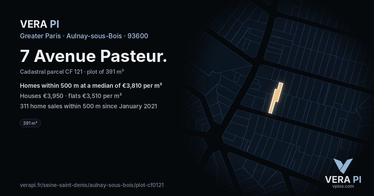 7 Avenue Pasteur, Aulnay-sous-Bois at night – the plot lit, the parcels around coloured by the prices near them