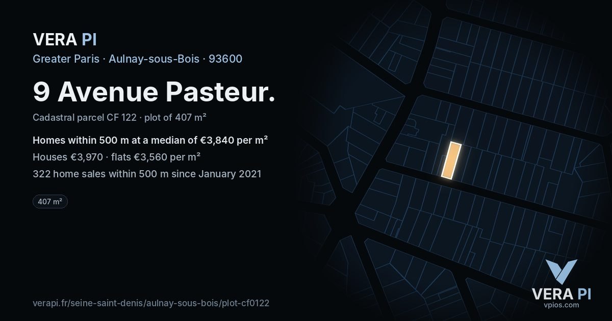9 Avenue Pasteur, Aulnay-sous-Bois at night – the plot lit, the parcels around coloured by the prices near them