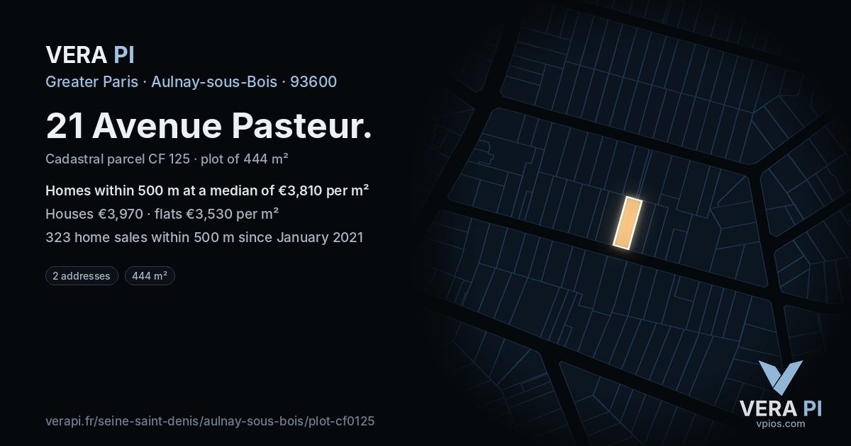 21 Avenue Pasteur, Aulnay-sous-Bois at night – the plot lit, the parcels around coloured by the prices near them