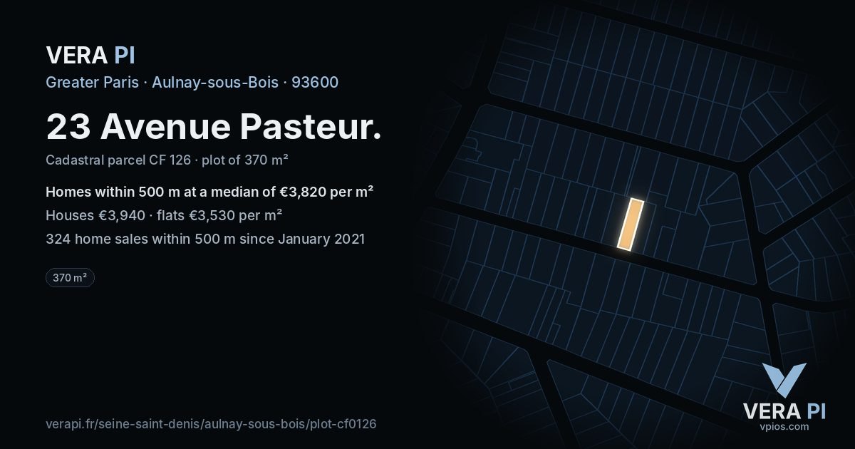 23 Avenue Pasteur, Aulnay-sous-Bois at night – the plot lit, the parcels around coloured by the prices near them