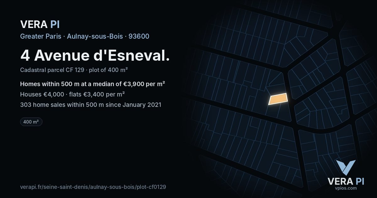 4 Avenue d'Esneval, Aulnay-sous-Bois at night – the plot lit, the parcels around coloured by the prices near them