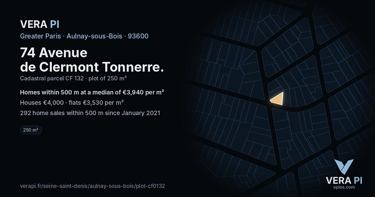74 Avenue de Clermont Tonnerre, Aulnay-sous-Bois at night – the plot lit, the parcels around coloured by the prices near them