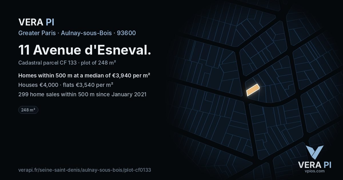 11 Avenue d'Esneval, Aulnay-sous-Bois at night – the plot lit, the parcels around coloured by the prices near them