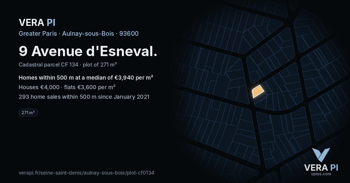9 Avenue d'Esneval, Aulnay-sous-Bois at night – the plot lit, the parcels around coloured by the prices near them