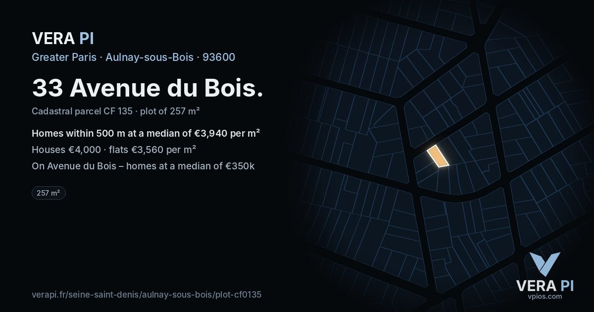 33 Avenue du Bois, Aulnay-sous-Bois at night – the plot lit, the parcels around coloured by the prices near them