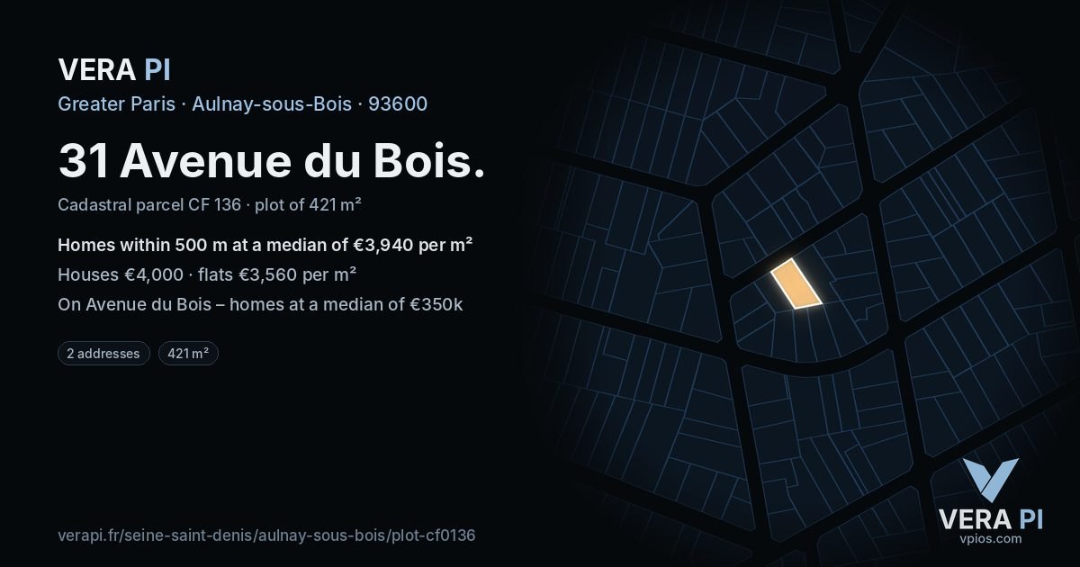 31 Avenue du Bois, Aulnay-sous-Bois at night – the plot lit, the parcels around coloured by the prices near them