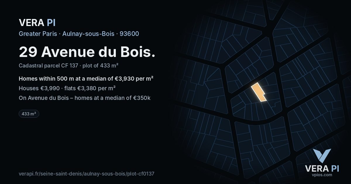 29 Avenue du Bois, Aulnay-sous-Bois at night – the plot lit, the parcels around coloured by the prices near them