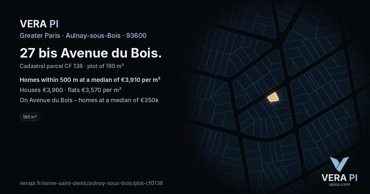 27 bis Avenue du Bois, Aulnay-sous-Bois at night – the plot lit, the parcels around coloured by the prices near them