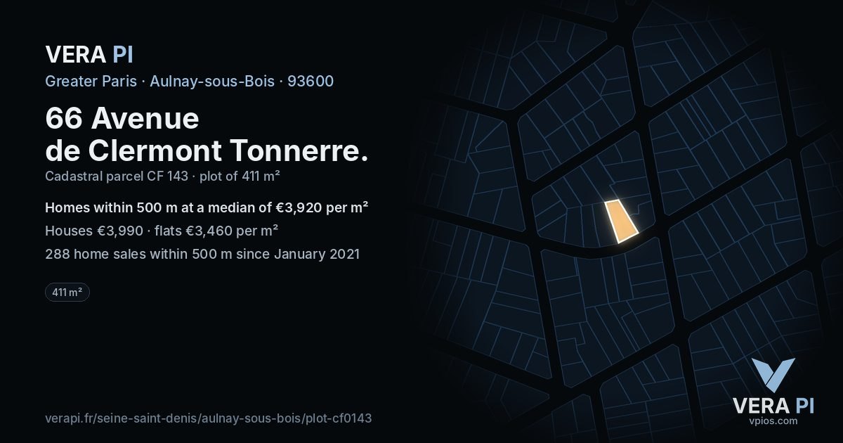 66 Avenue de Clermont Tonnerre, Aulnay-sous-Bois at night – the plot lit, the parcels around coloured by the prices near them