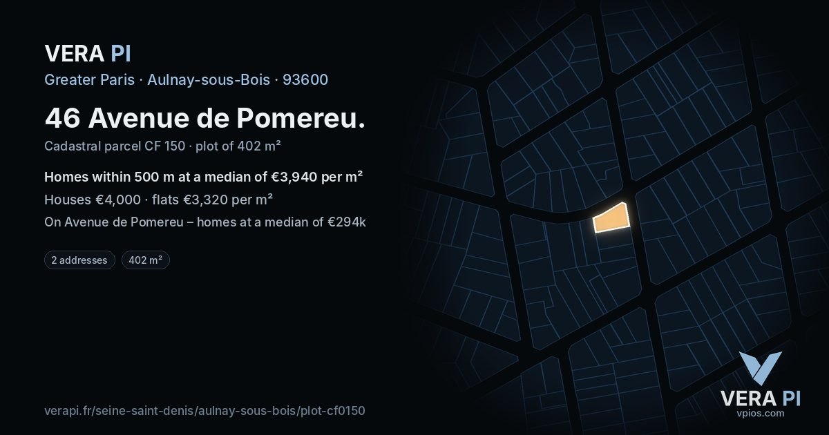 46 Avenue de Pomereu, Aulnay-sous-Bois at night – the plot lit, the parcels around coloured by the prices near them
