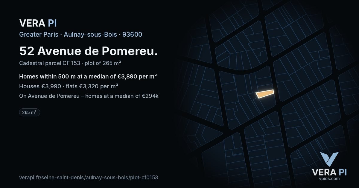 52 Avenue de Pomereu, Aulnay-sous-Bois at night – the plot lit, the parcels around coloured by the prices near them
