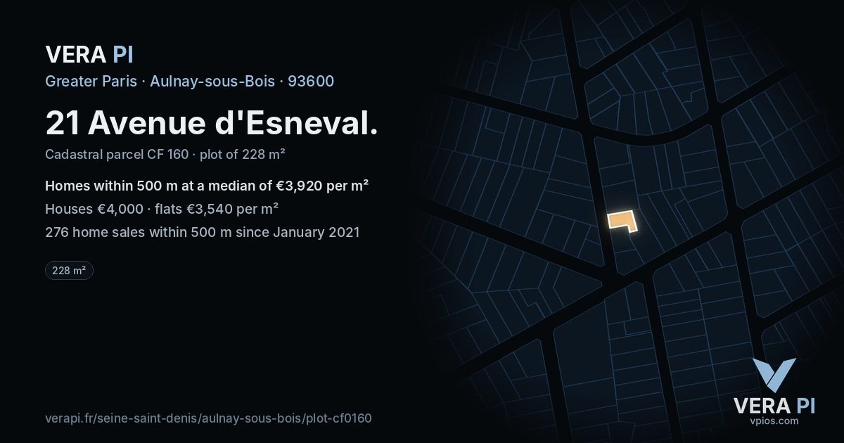21 Avenue d'Esneval, Aulnay-sous-Bois at night – the plot lit, the parcels around coloured by the prices near them