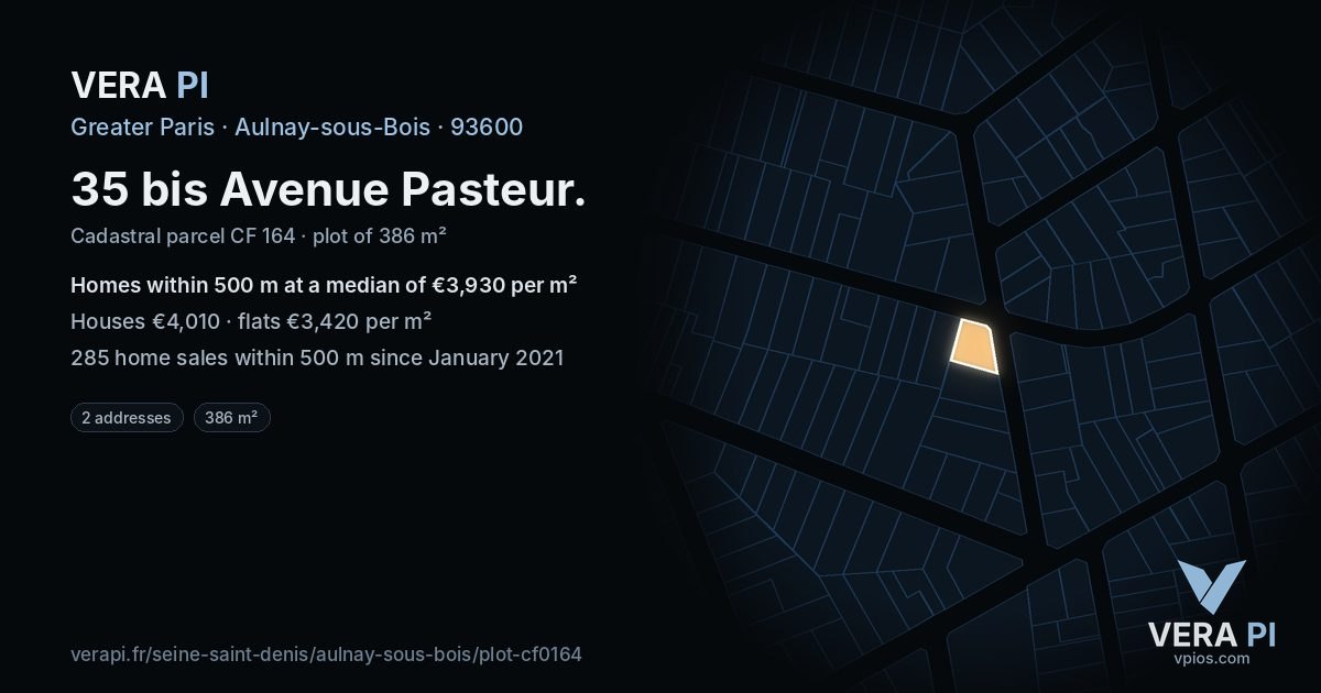 35 bis Avenue Pasteur, Aulnay-sous-Bois at night – the plot lit, the parcels around coloured by the prices near them