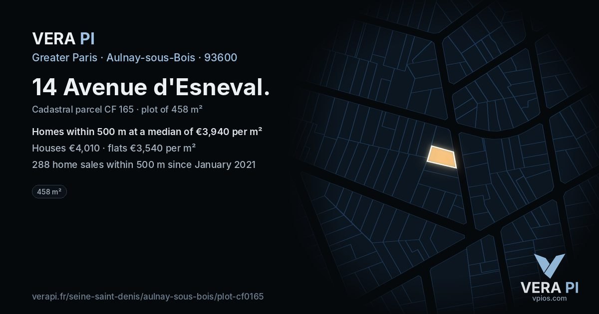 14 Avenue d'Esneval, Aulnay-sous-Bois at night – the plot lit, the parcels around coloured by the prices near them