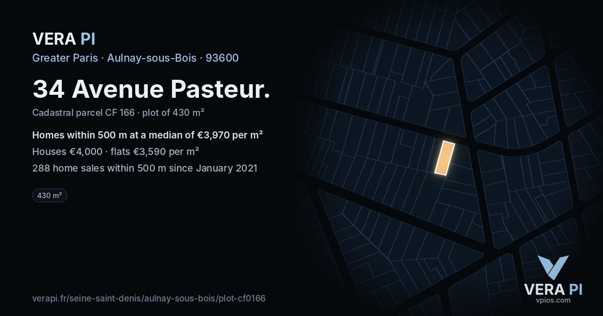 34 Avenue Pasteur, Aulnay-sous-Bois at night – the plot lit, the parcels around coloured by the prices near them