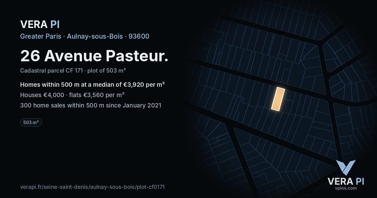 26 Avenue Pasteur, Aulnay-sous-Bois at night – the plot lit, the parcels around coloured by the prices near them