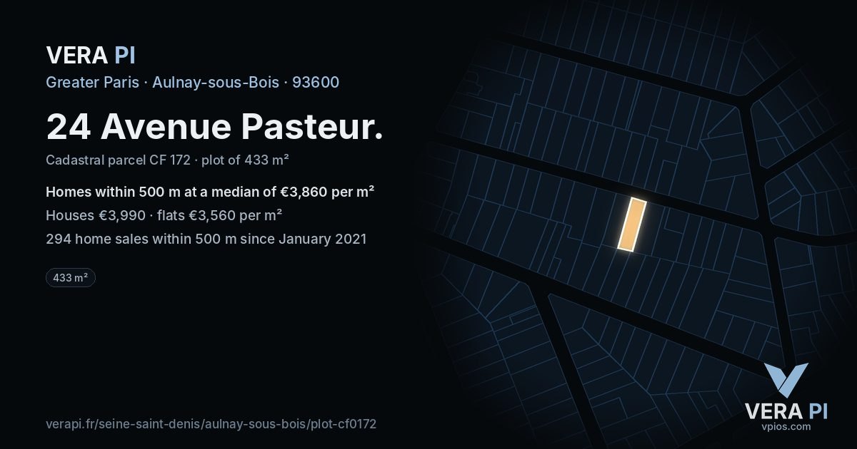 24 Avenue Pasteur, Aulnay-sous-Bois at night – the plot lit, the parcels around coloured by the prices near them