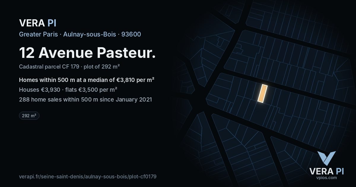 12 Avenue Pasteur, Aulnay-sous-Bois at night – the plot lit, the parcels around coloured by the prices near them