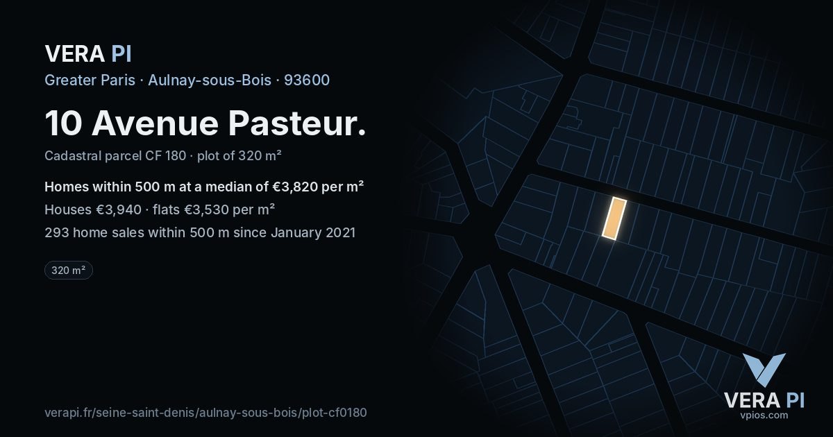 10 Avenue Pasteur, Aulnay-sous-Bois at night – the plot lit, the parcels around coloured by the prices near them